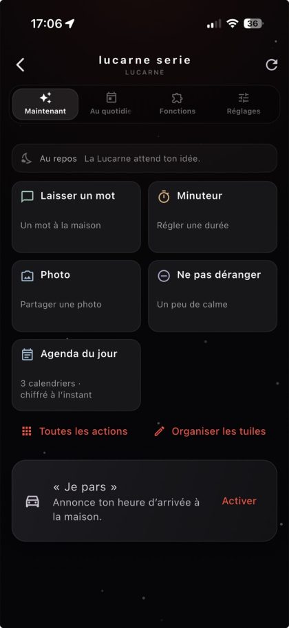 The N°24 app: La Lucarne’s Now screen, with the actions Leave a note, Timer, Photo, Do Not Disturb, Today’s agenda and “I’m leaving”