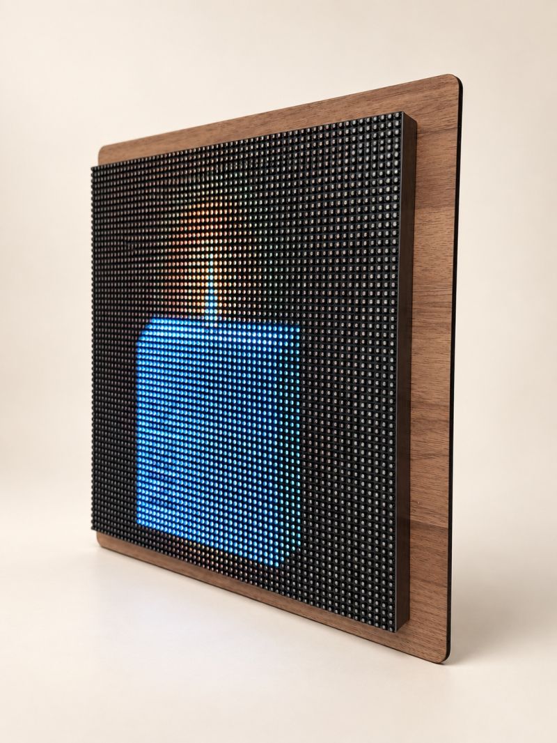 La Lucarne switched on, seen from the front against an ivory background